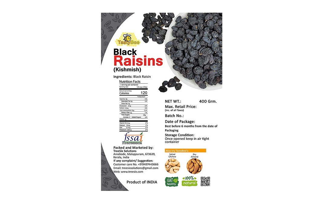 TastyBee Black Raisins (Kishmish)    Pack  400 grams